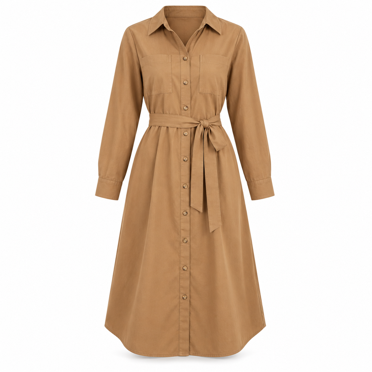Warm camel belted shirt dress on a pure white background