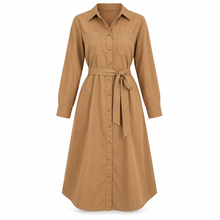 Warm camel belted shirt dress on a pure white background