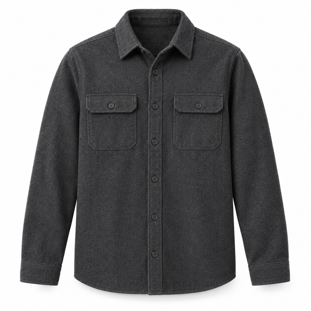 Charcoal brushed overshirt on a pure white background