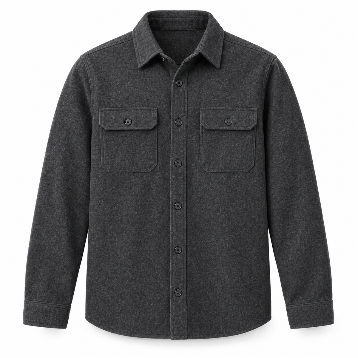 Charcoal brushed overshirt on a pure white background
