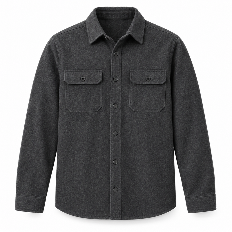 Charcoal brushed overshirt on a pure white background