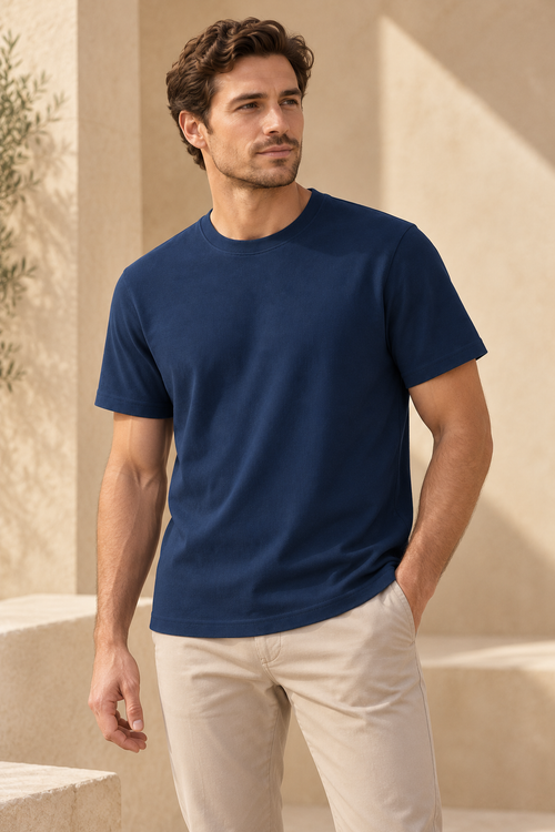 Man wearing a deep navy clean pique T-shirt
