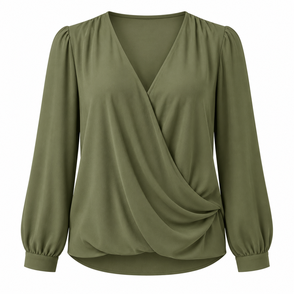 Muted olive draped V-neck blouse on a pure white background