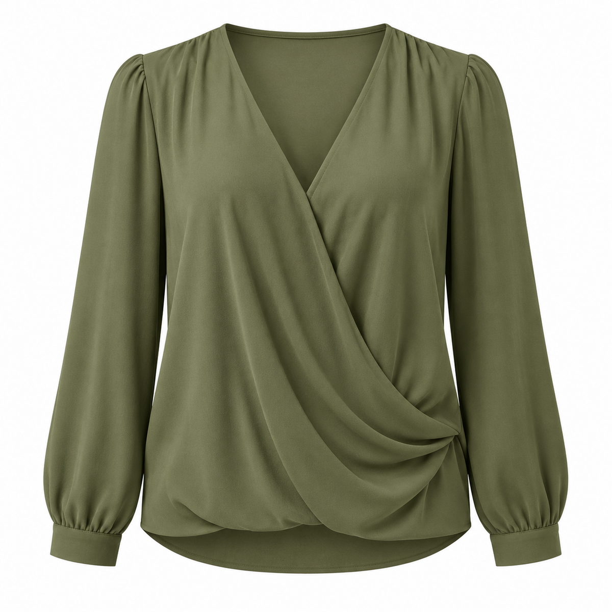 Muted olive draped V-neck blouse on a pure white background