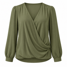 Muted olive draped V-neck blouse on a pure white background