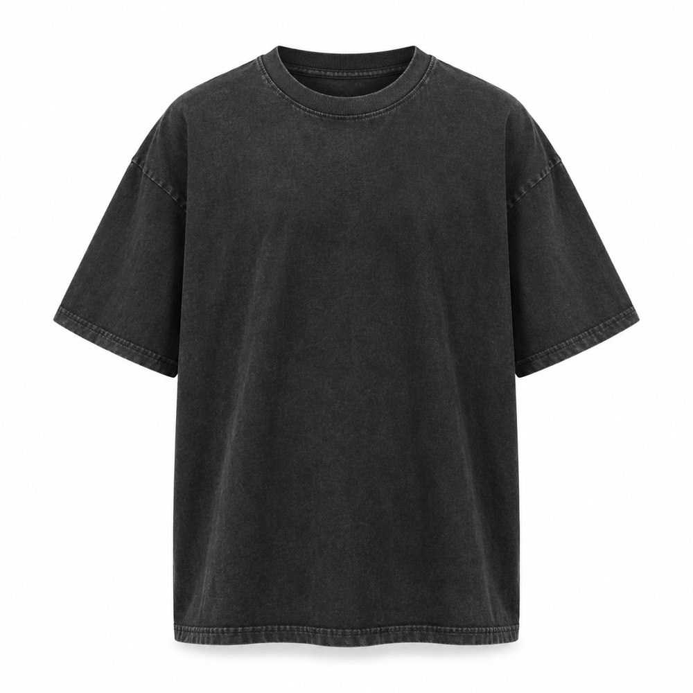 Washed black relaxed drop-shoulder T-shirt on a pure white background