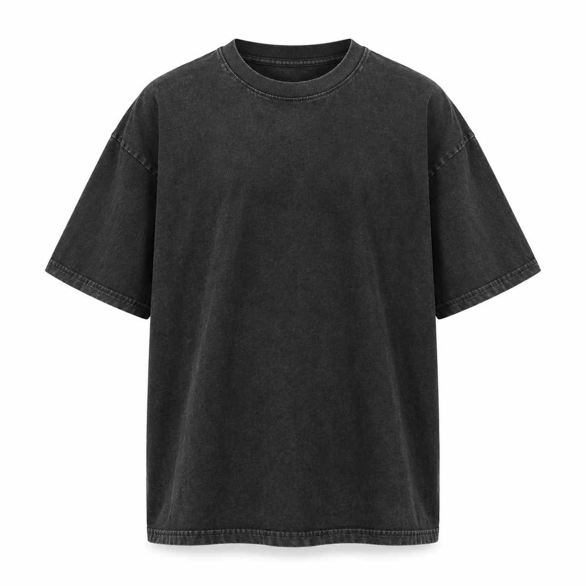 Washed black relaxed drop-shoulder T-shirt on a pure white background