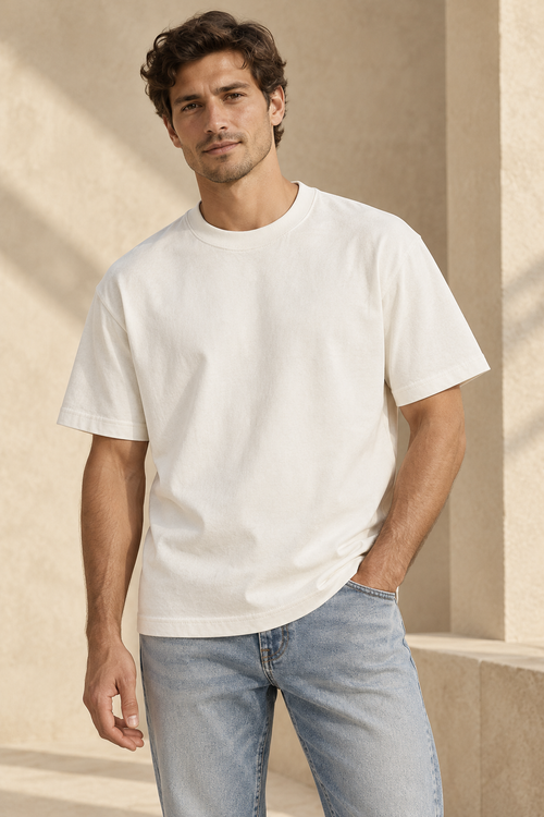 Man wearing an off-white heavyweight crew-neck T-shirt