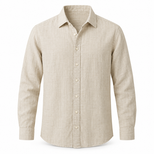 Natural beige linen-texture long-sleeve casual shirt on a pure white background