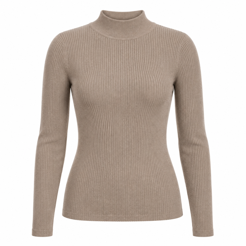 Soft taupe mock-neck knit top on a pure white background