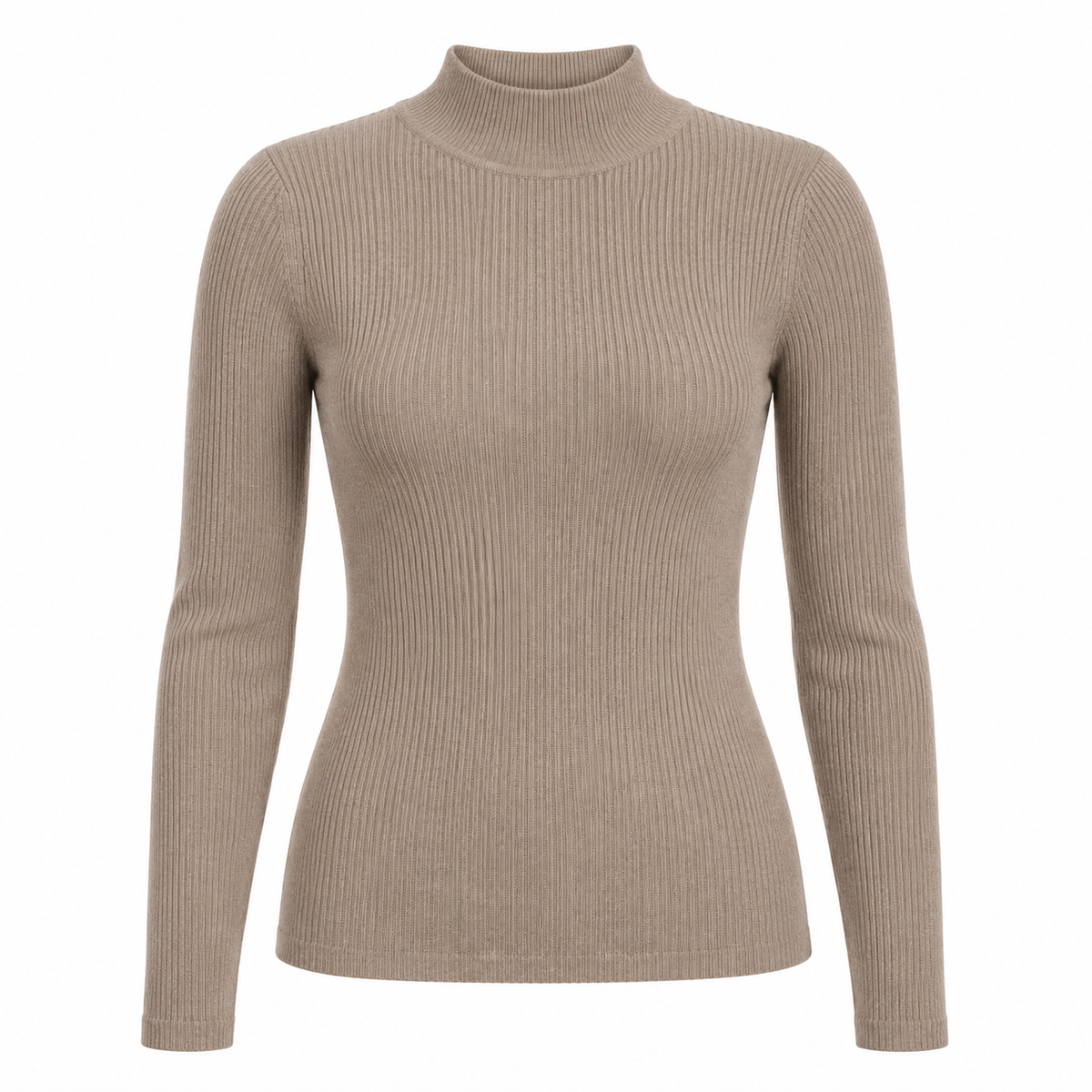 Soft taupe mock-neck knit top on a pure white background