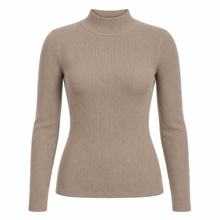 Soft taupe mock-neck knit top on a pure white background