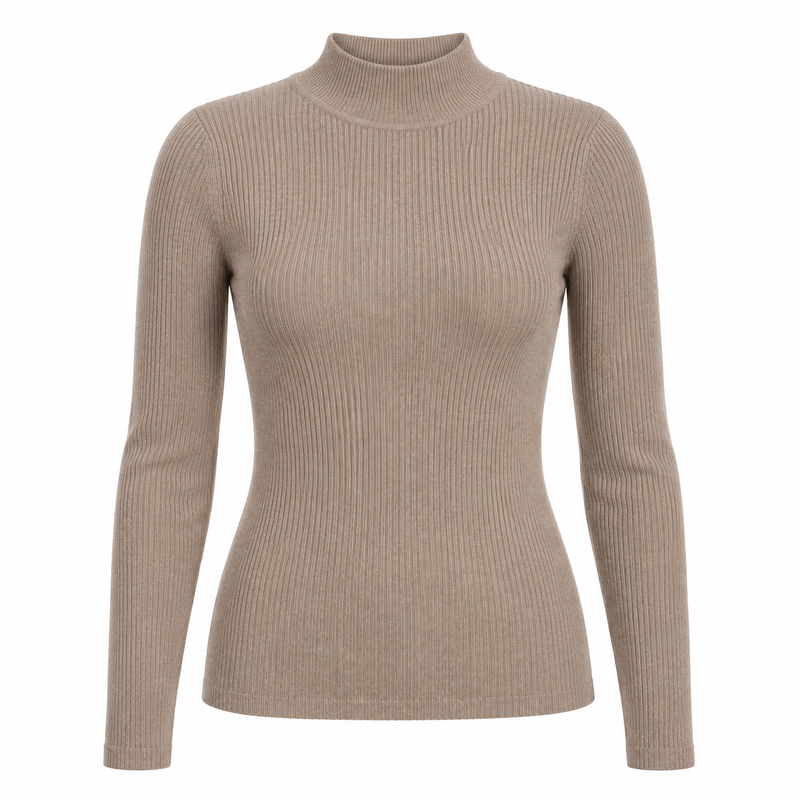 Soft taupe mock-neck knit top on a pure white background