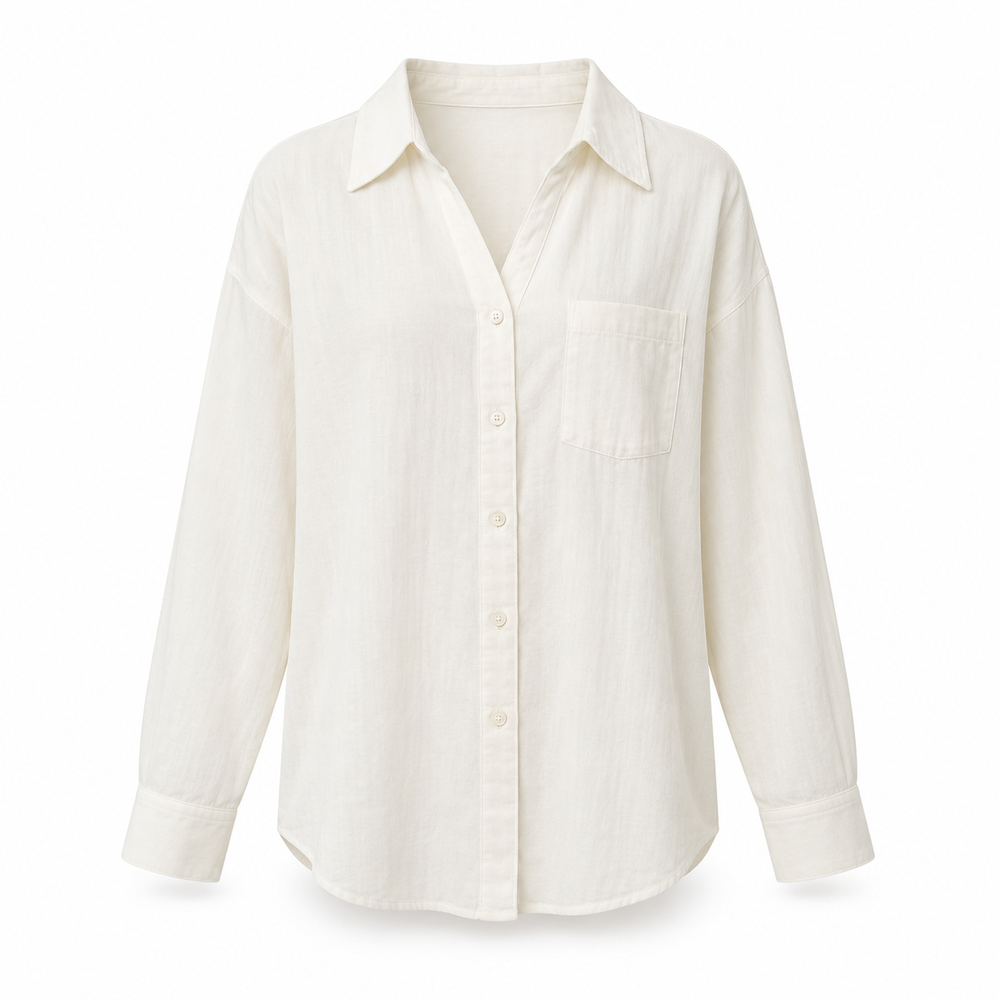 Warm ivory relaxed button-up top on a pure white background