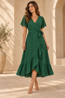 Woman wearing a forest green relaxed V-neck wrap dress