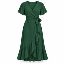 Forest green relaxed V-neck wrap dress on a pure white background