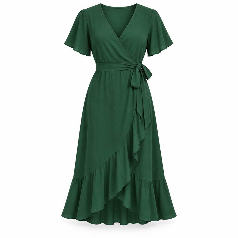 Forest green relaxed V-neck wrap dress on a pure white background