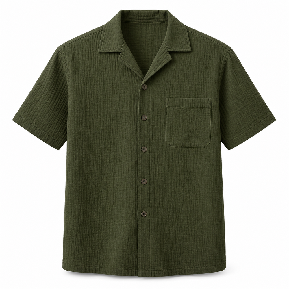Dark olive textured short-sleeve resort shirt on a pure white background