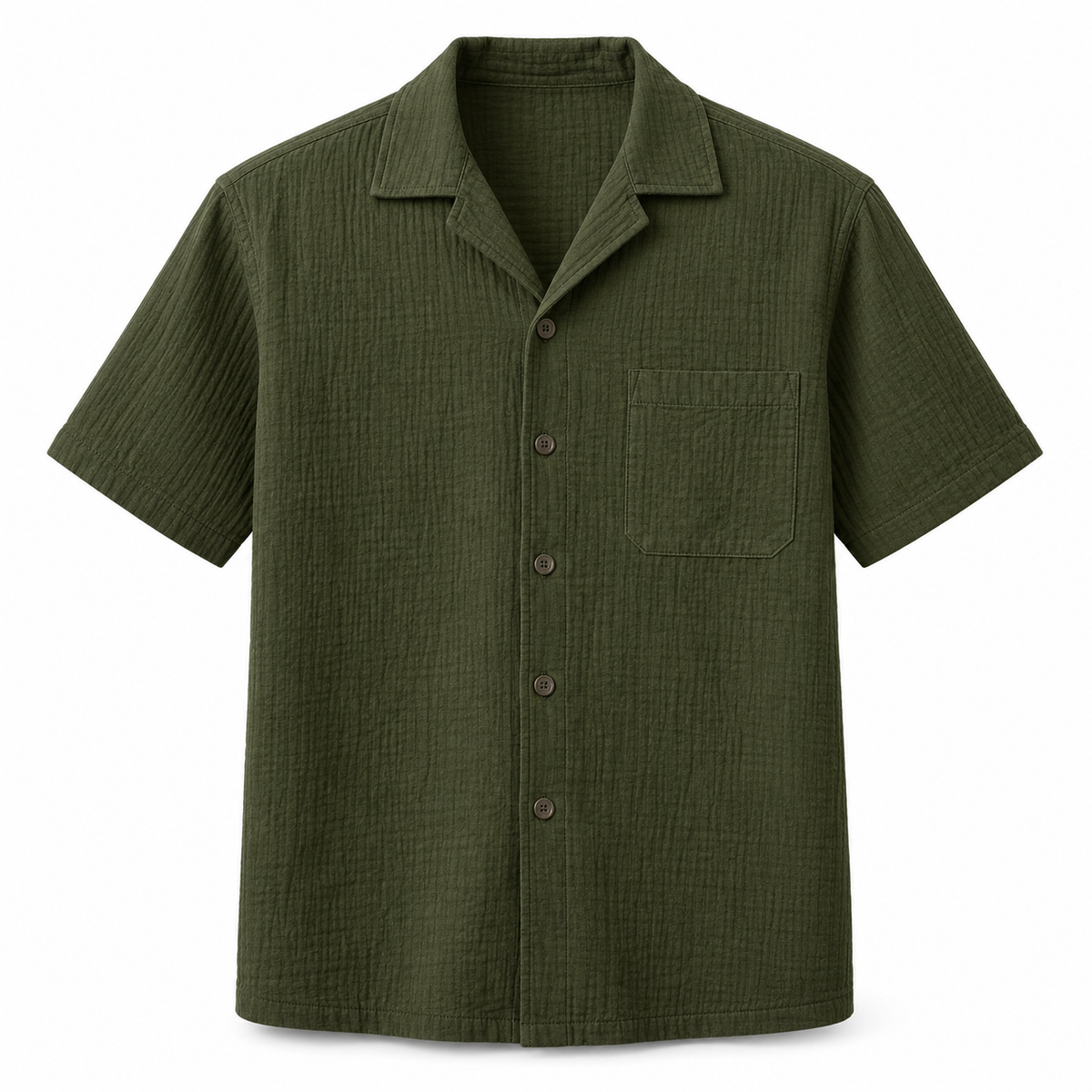 Dark olive textured short-sleeve resort shirt on a pure white background