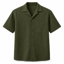 Dark olive textured short-sleeve resort shirt on a pure white background