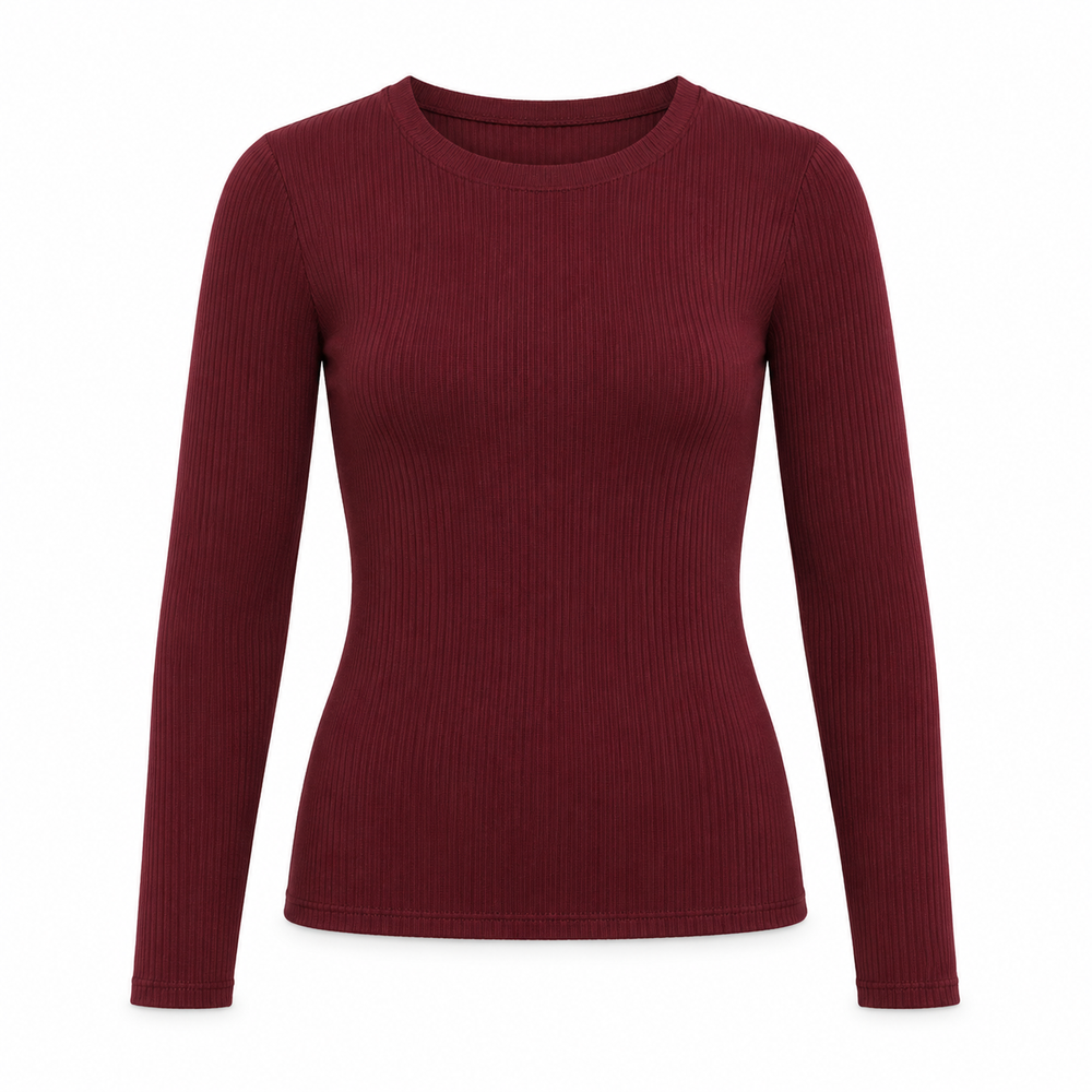 Deep burgundy ribbed crew-neck long-sleeve top on a pure white background