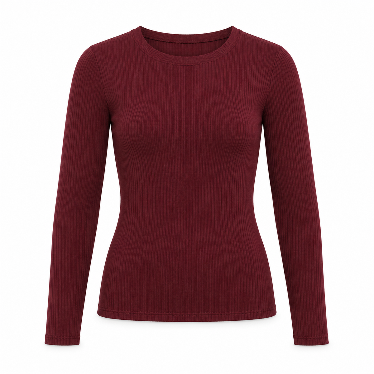Deep burgundy ribbed crew-neck long-sleeve top on a pure white background