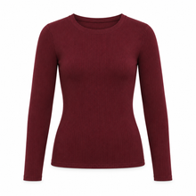 Deep burgundy ribbed crew-neck long-sleeve top on a pure white background