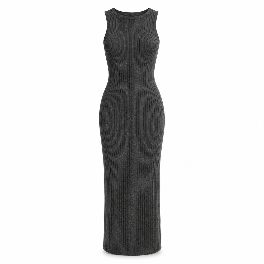 Charcoal ribbed knit column dress on a pure white background