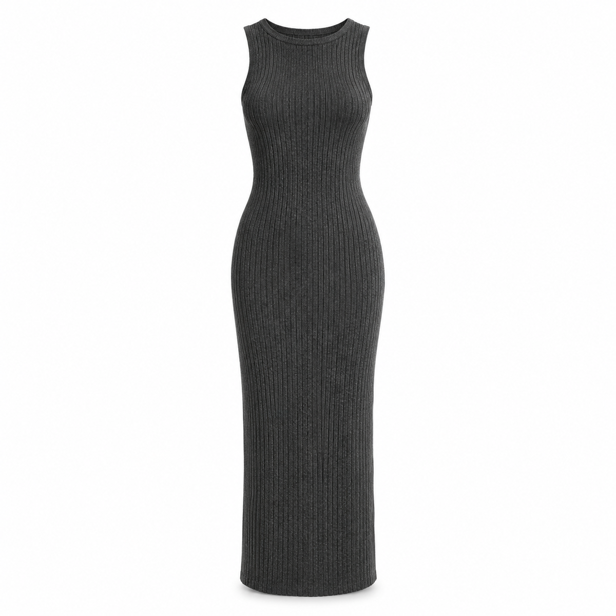 Charcoal ribbed knit column dress on a pure white background