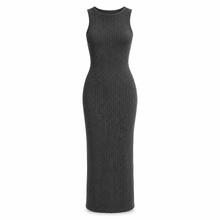 Charcoal ribbed knit column dress on a pure white background