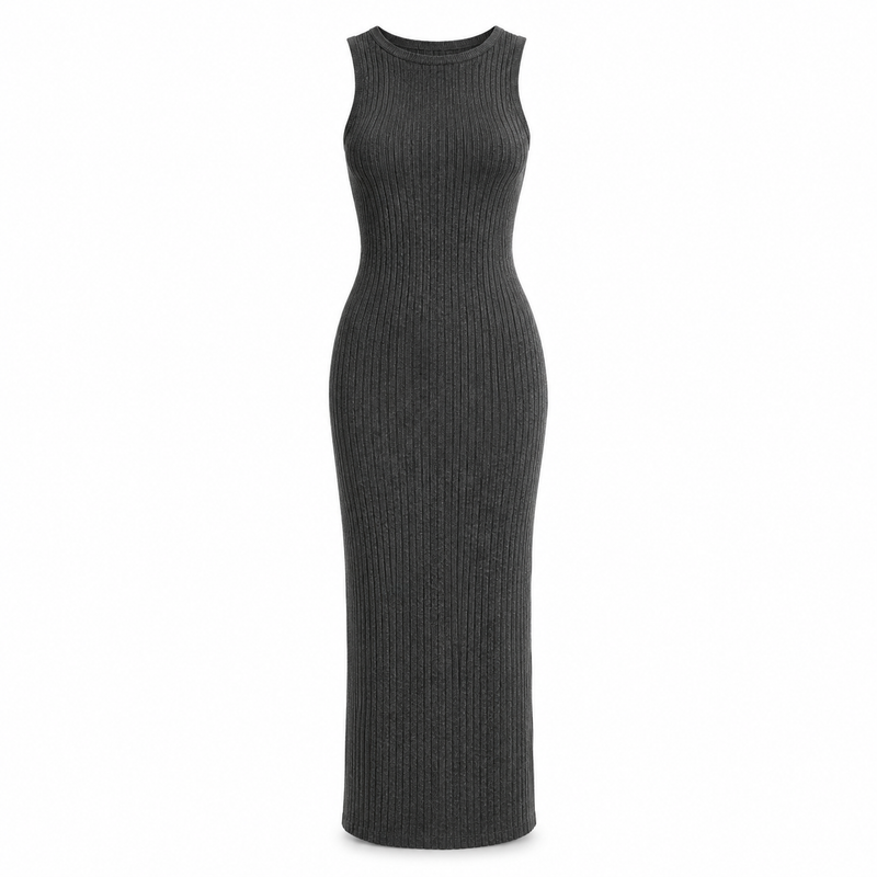 Charcoal ribbed knit column dress on a pure white background