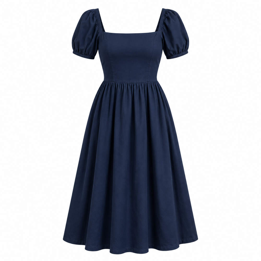 Deep navy square-neck midi dress on a pure white background