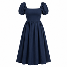 Deep navy square-neck midi dress on a pure white background