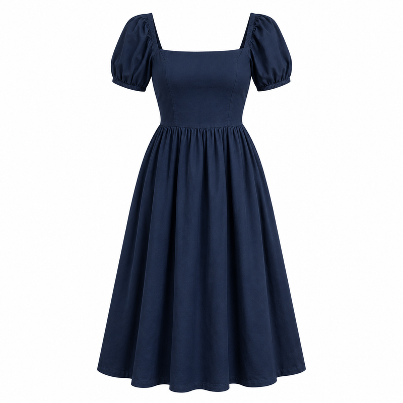 Deep navy square-neck midi dress on a pure white background