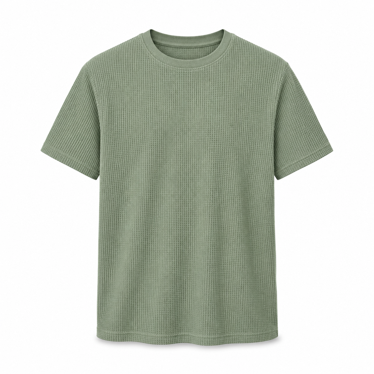 Muted sage textured waffle-knit T-shirt on a pure white background